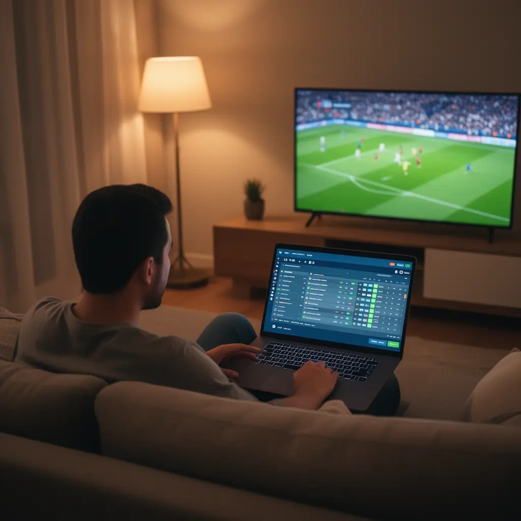 Focused Malaysian sports bettor analyzing live football odds on a laptop with the JOM999 betting platform while watching a match on TV at home