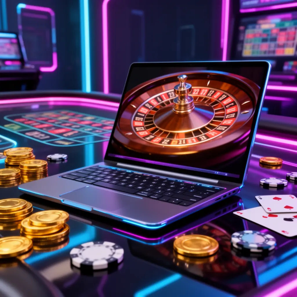 Luxury online casino setup with a sleek laptop displaying live roulette, golden coins and casino chips on a dark table reflecting the high class gaming at JOM999 Malaysia