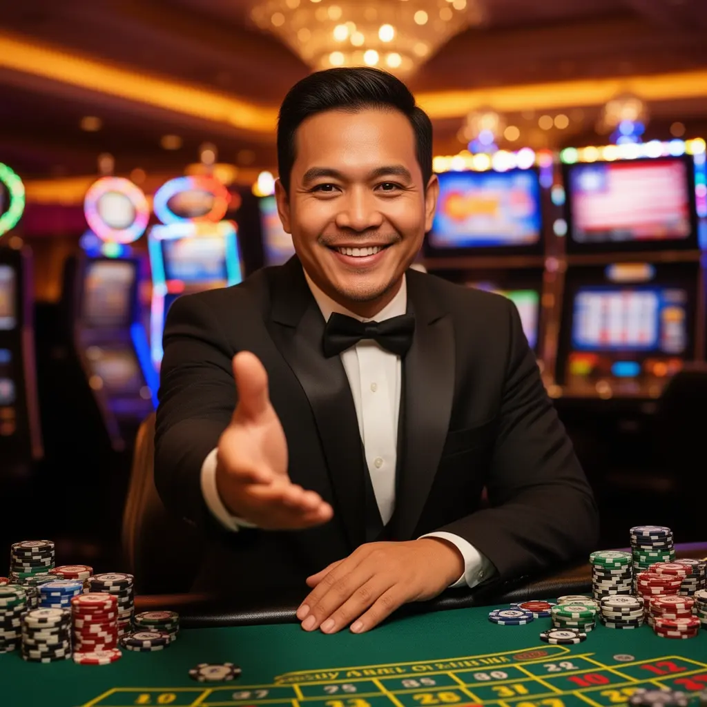 Confident Malaysian casino dealer smiling and reaching forward with flying poker chips representing the welcoming JOM999 login experience